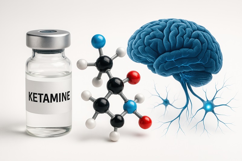Ketamine Anesthetic and Depression Treatment with Brain Synaptic Plasticity Visualization for Mental Health and Pain Relief Concept AdobeStock_1392457298
