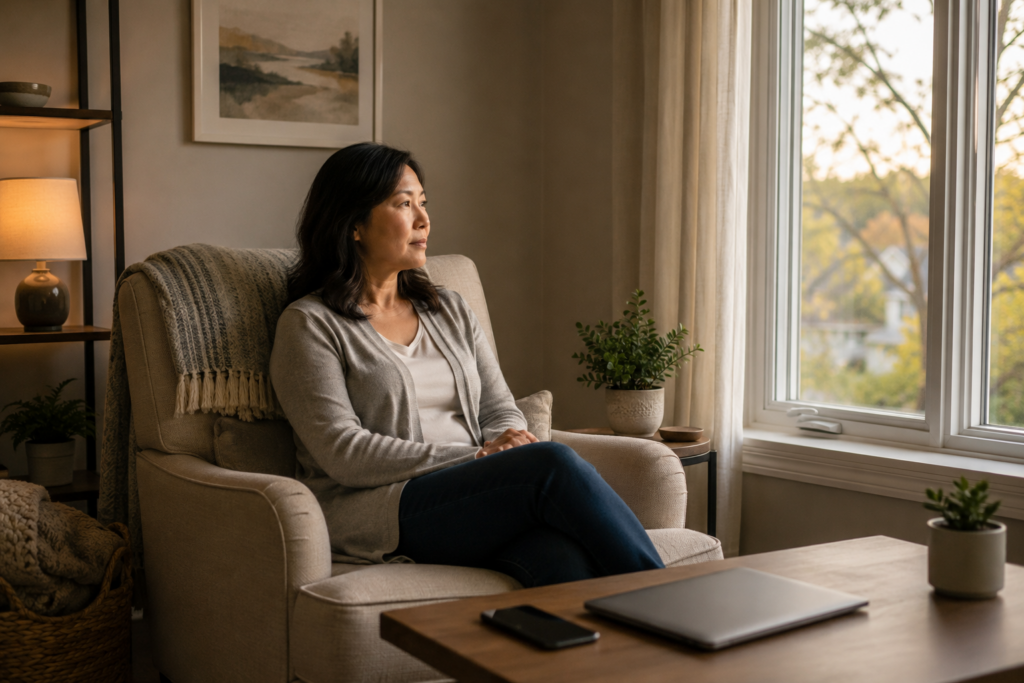 Woman pausing beside a quiet window while exploring healthier rest through individual counseling.