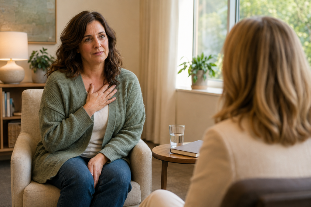 Woman exploring the fawn response and people-pleasing patterns during an individual counseling session in Overland Park.