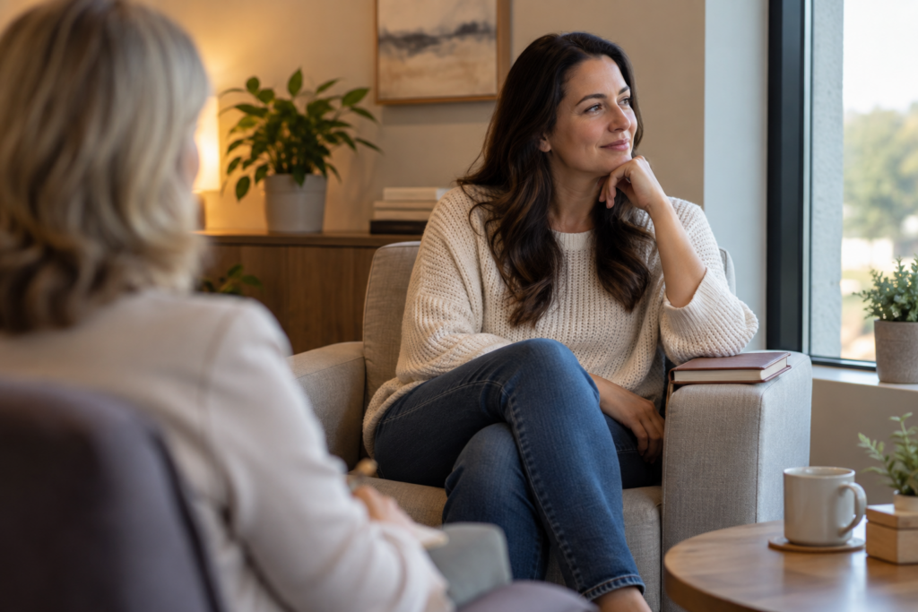 Woman rebuilding self-trust with a counselor after experiencing narcissistic abuse.